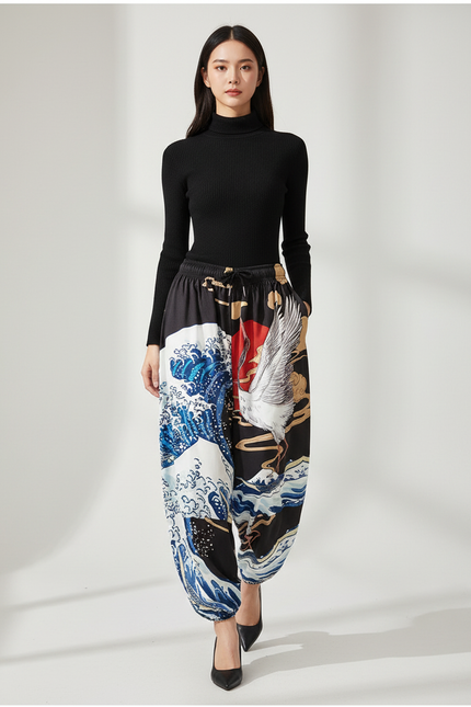 Pantalon Japonais Noir Harem Imprimé Vagues Grue - Multicolore Polyester