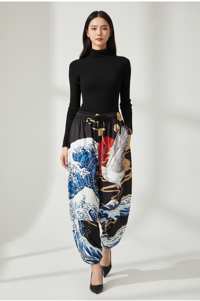 Pantalon Japonais Noir Harem Imprimé Vagues Grue - Multicolore Polyester