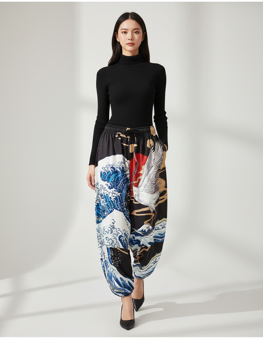 Pantalon Japonais Noir Harem Imprimé Vagues Grue - Multicolore Polyester