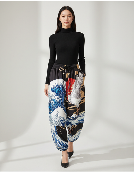 Pantalon Japonais Noir Harem Imprimé Vagues Grue - Multicolore Polyester