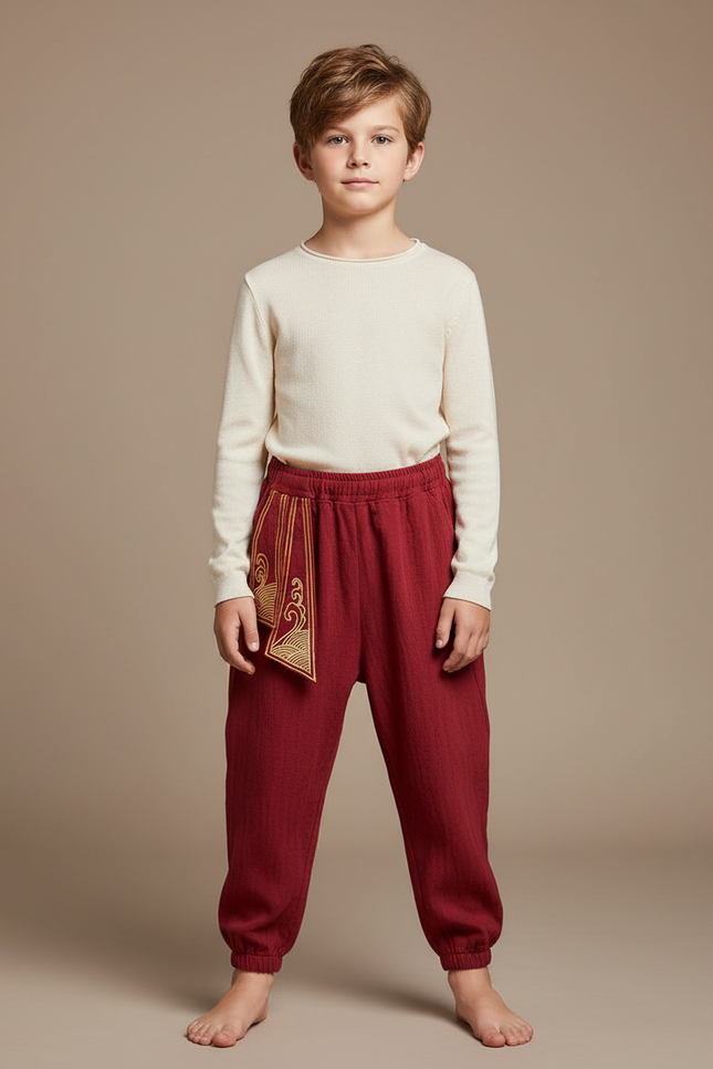Pantalon Japonais Rouge Brodé Ample Coton Enfant - Bordeaux