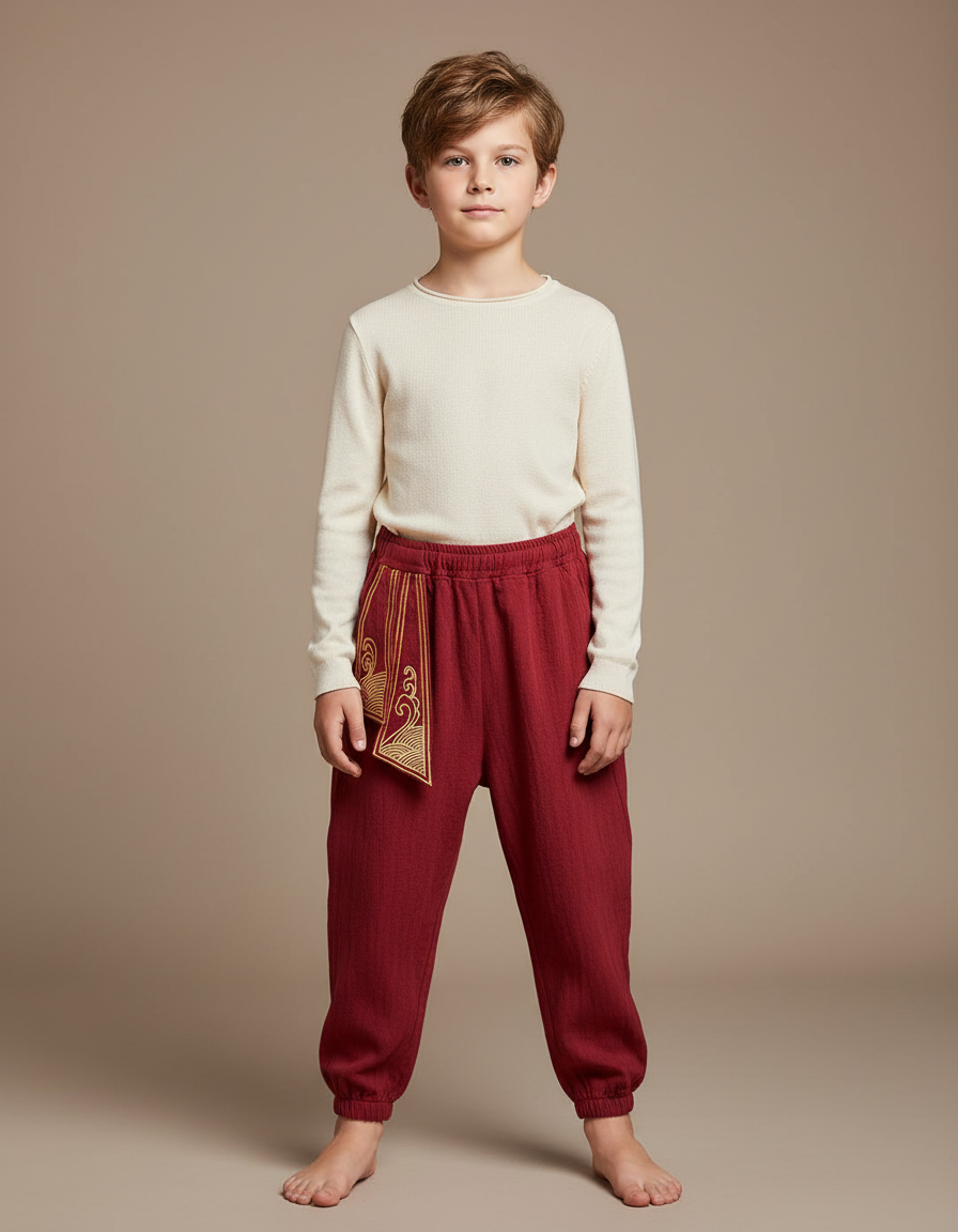 Pantalon Japonais Rouge Brodé Ample Coton Enfant - Bordeaux