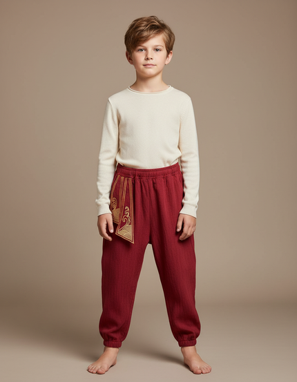 Pantalon Japonais Rouge Brodé Ample Coton Enfant - Bordeaux