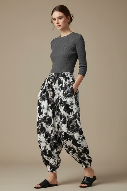 Pantalon Japonais Sarouel Ample Imprimé Abstrait Noir Blanc - Viscose