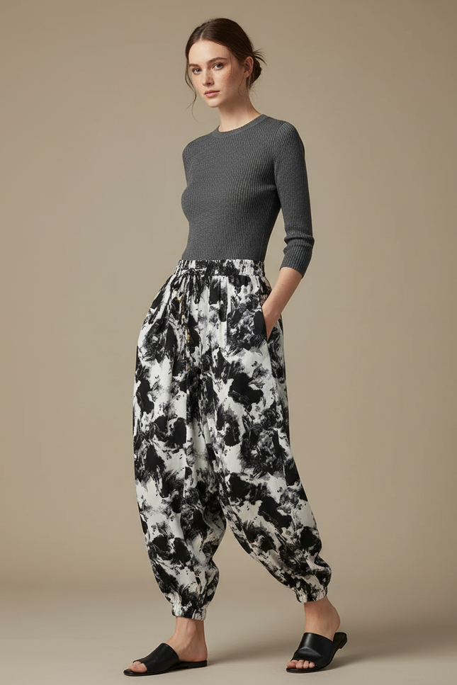 Pantalon Japonais Sarouel Ample Imprimé Abstrait Noir Blanc - Viscose