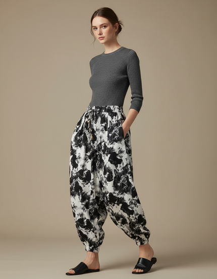 Pantalon Japonais Sarouel Ample Imprimé Abstrait Noir Blanc - Viscose