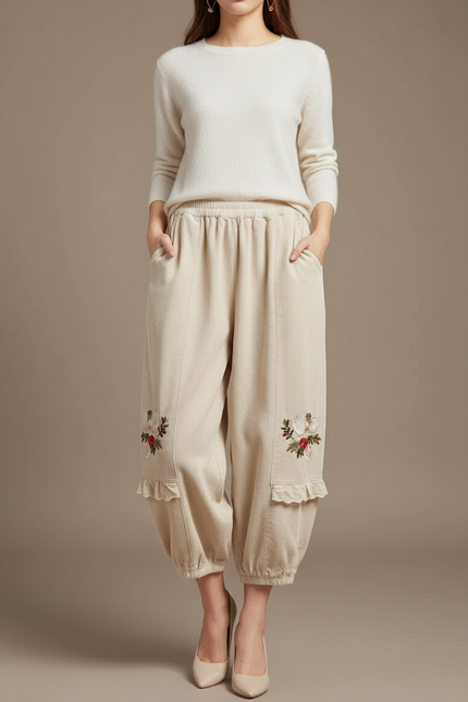 Pantalon Japonais Beige Côtelé Ample Brodé Harem - Cordé