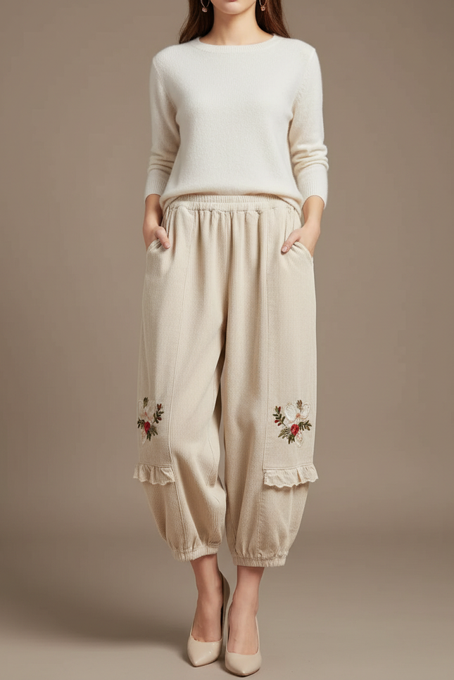 Pantalon Japonais Beige Côtelé Ample Brodé Harem - Cordé