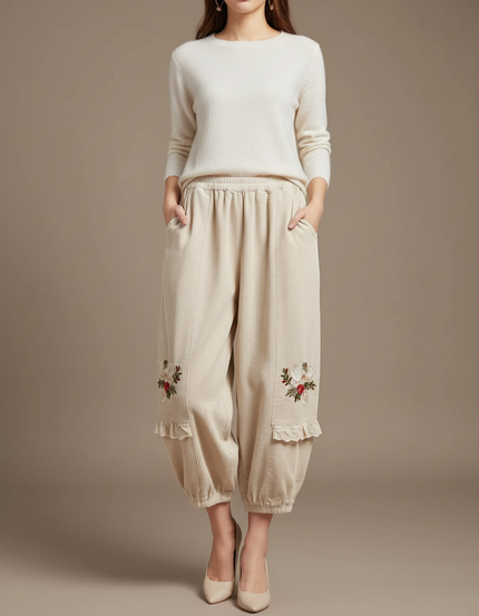Pantalon Japonais Beige Côtelé Ample Brodé Harem - Cordé