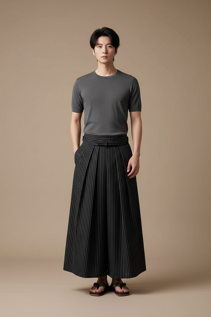 Pantalon Japonais Noir Rayé Plissé Ample Ceinturé - Gabardine