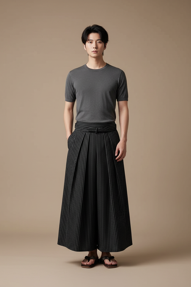 Pantalon Japonais Noir Rayé Plissé Ample Ceinturé - Gabardine