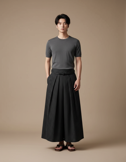 Pantalon Japonais Noir Rayé Plissé Ample Ceinturé - Gabardine