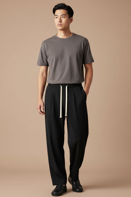 Pantalon Japonais Noir Plissé Ample Cordon Fluide - Polyester