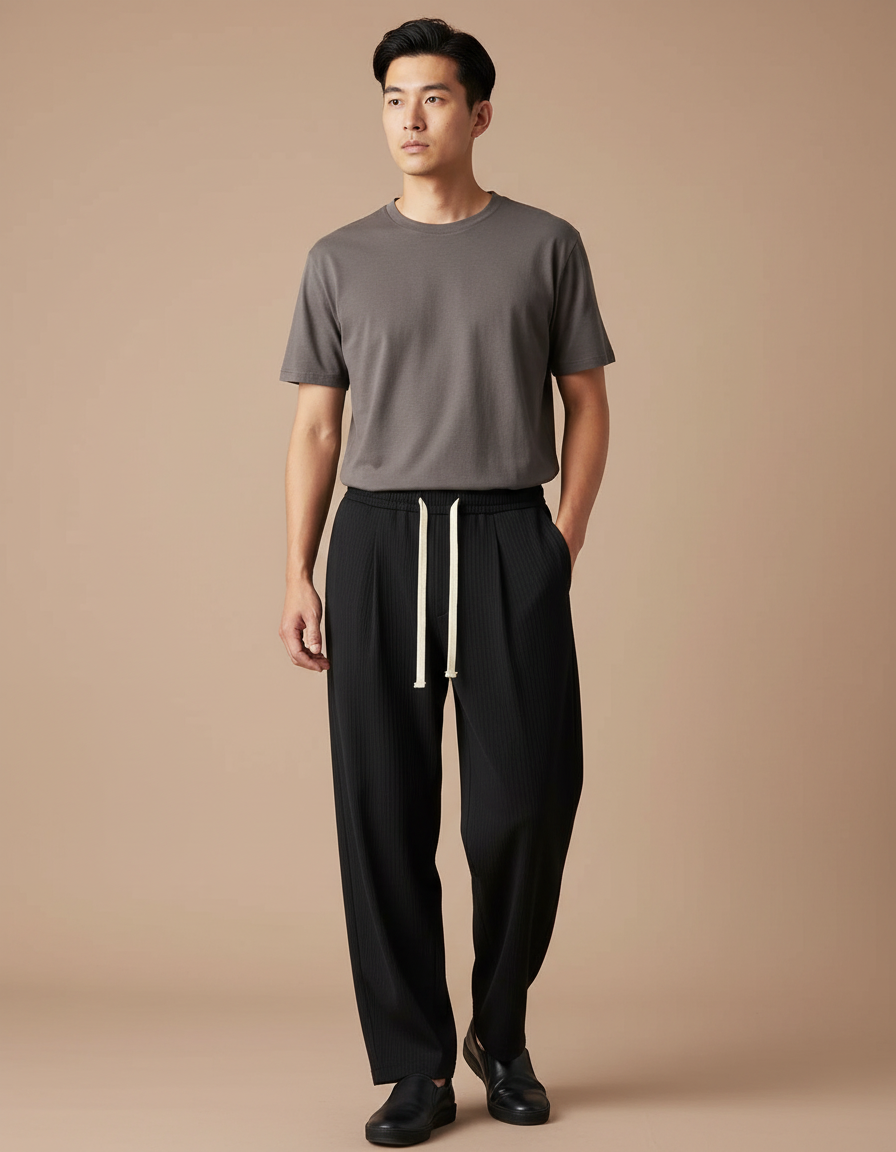 Pantalon Japonais Noir Plissé Ample Cordon Fluide - Polyester
