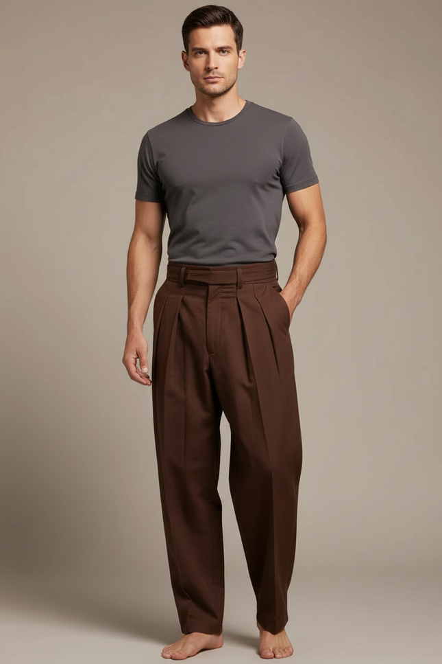 Pantalon Japonais Marron Ample Plissé Homme Coton