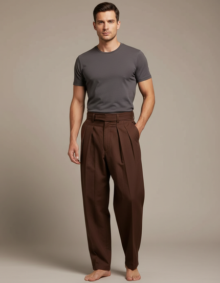 Pantalon Japonais Marron Ample Plissé Homme Coton