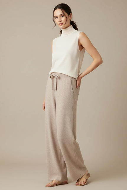 Pantalon Japonais Beige Ample Laine Tricoté Décontracté