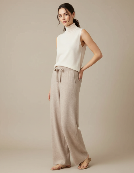 Pantalon Japonais Beige Ample Laine Tricoté Décontracté
