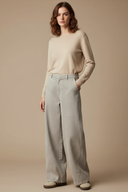 Pantalon Japonais Gris Clair Ample Droit Taille Haute - Jean