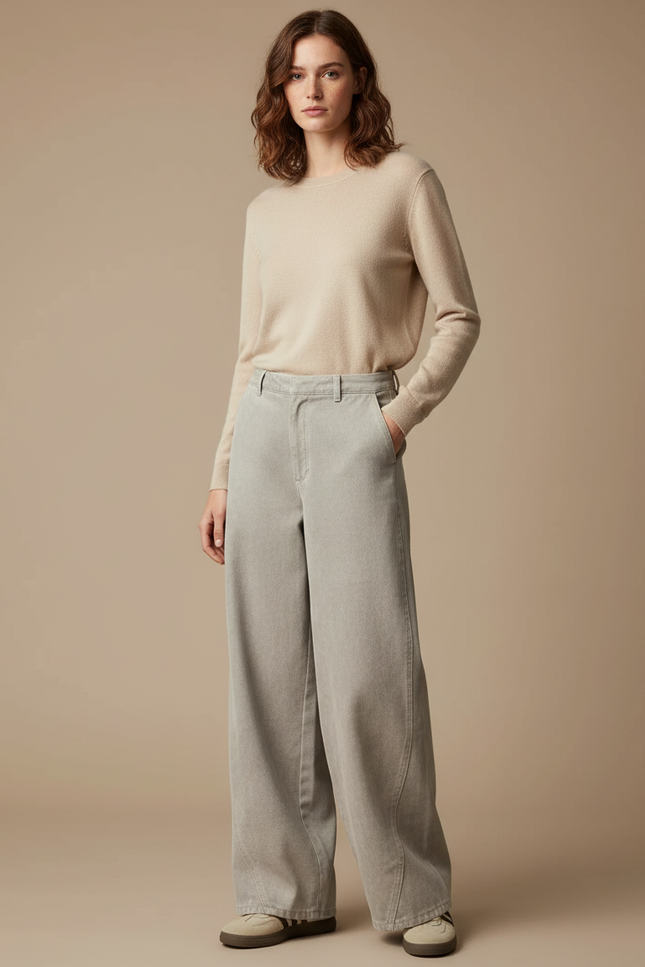 Pantalon Japonais Gris Clair Ample Droit Taille Haute - Jean