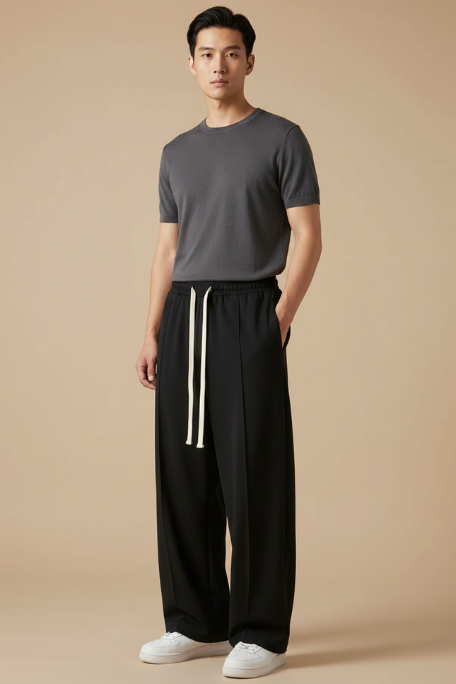 Pantalon Japonais Noir Fluide Ample Cordon Décontracté - Polyester