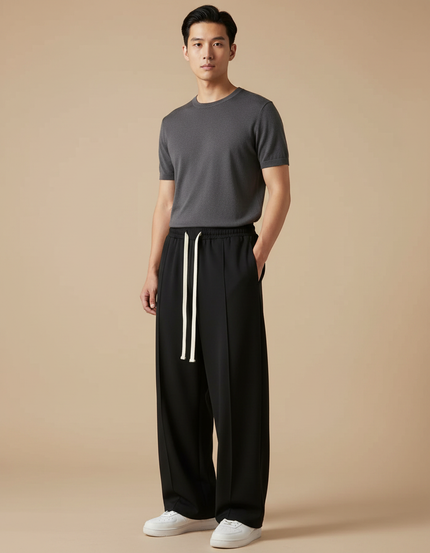 Pantalon Japonais Noir Fluide Ample Cordon Décontracté - Polyester