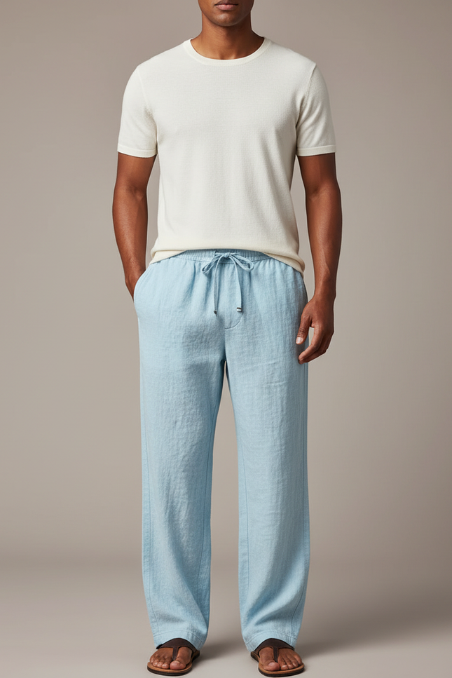 Pantalon Japonais Lin Ample Bleu Clair Homme Décontracté