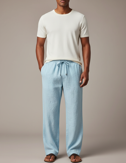 Pantalon Japonais Lin Ample Bleu Clair Homme Décontracté