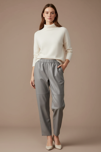Pantalon Japonais Gris Cuir Ample Élastique Femme