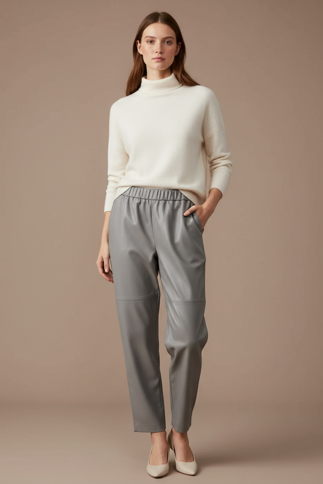 Pantalon Japonais Gris Cuir Ample Élastique Femme