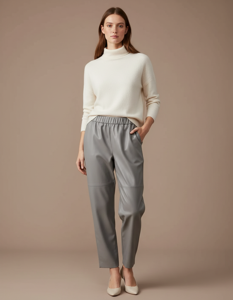 Pantalon Japonais Gris Cuir Ample Élastique Femme