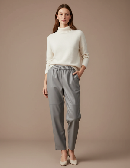 Pantalon Japonais Gris Cuir Ample Élastique Femme