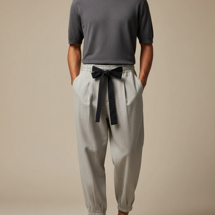 Pantalon Japonais Gris Ample Cordon Noir Élégant - Laine
