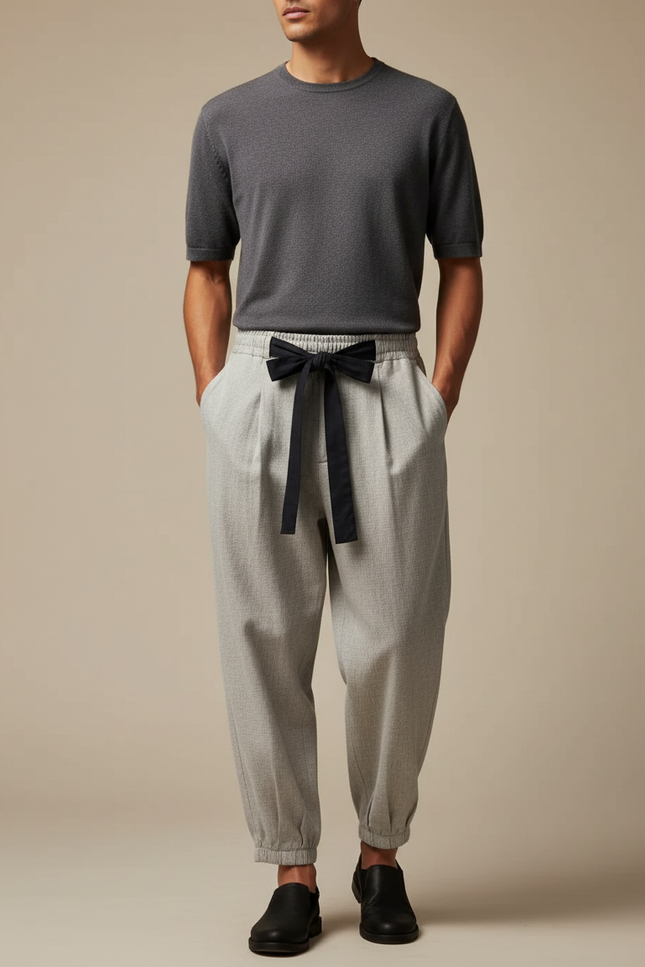 Pantalon Japonais Gris Ample Cordon Noir Élégant - Laine