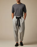 Pantalon Japonais Gris Ample Cordon Noir Élégant - Laine