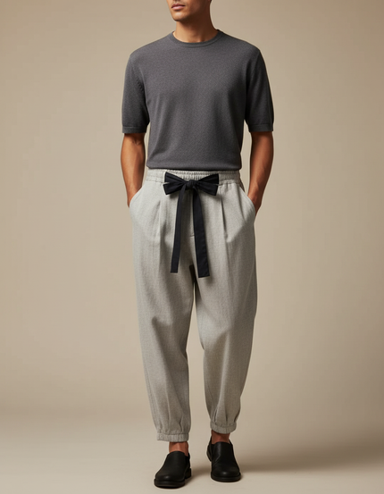 Pantalon Japonais Gris Ample Cordon Noir Élégant - Laine