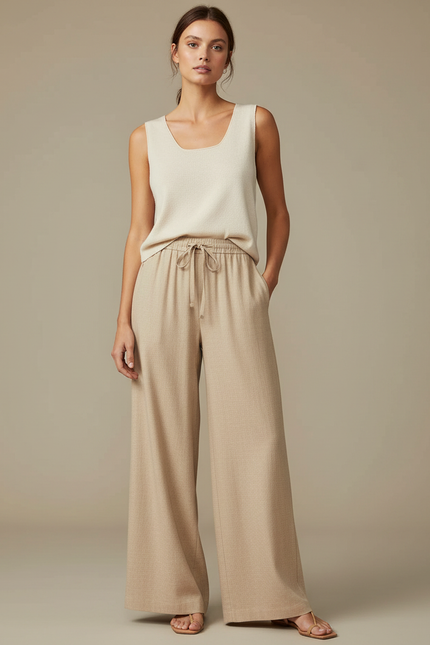 Pantalon Japonais Beige Ample Fluide Décontracté Cordon - Maille