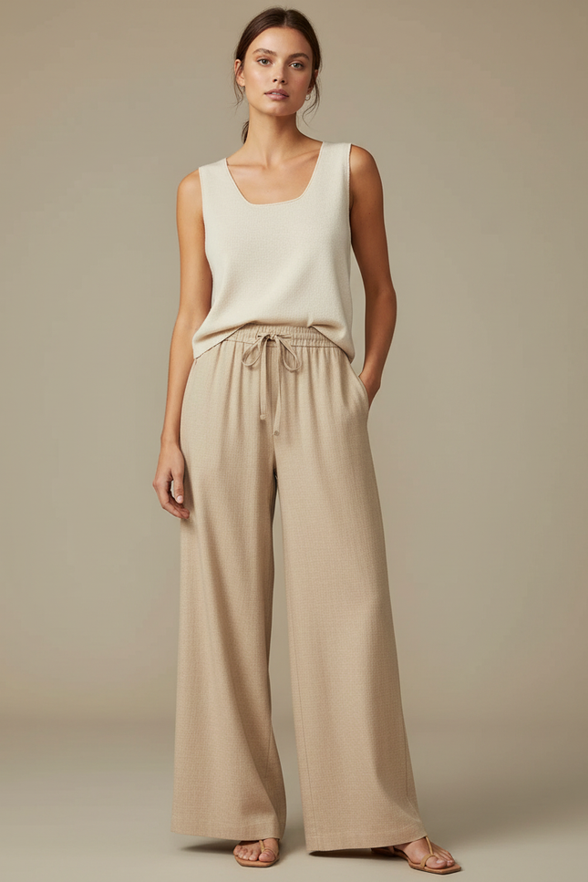 Pantalon Japonais Beige Ample Fluide Décontracté Cordon - Maille