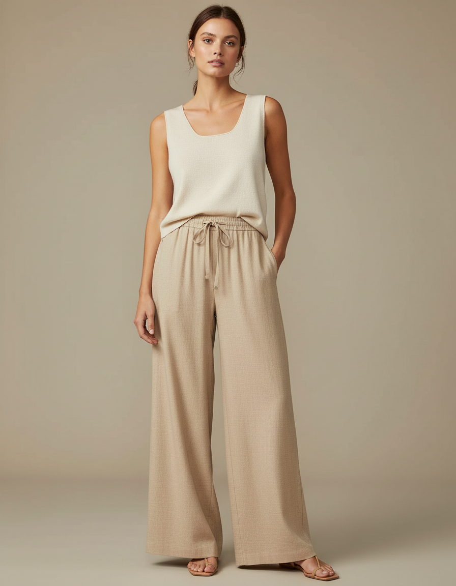 Pantalon Japonais Beige Ample Fluide Décontracté Cordon - Maille