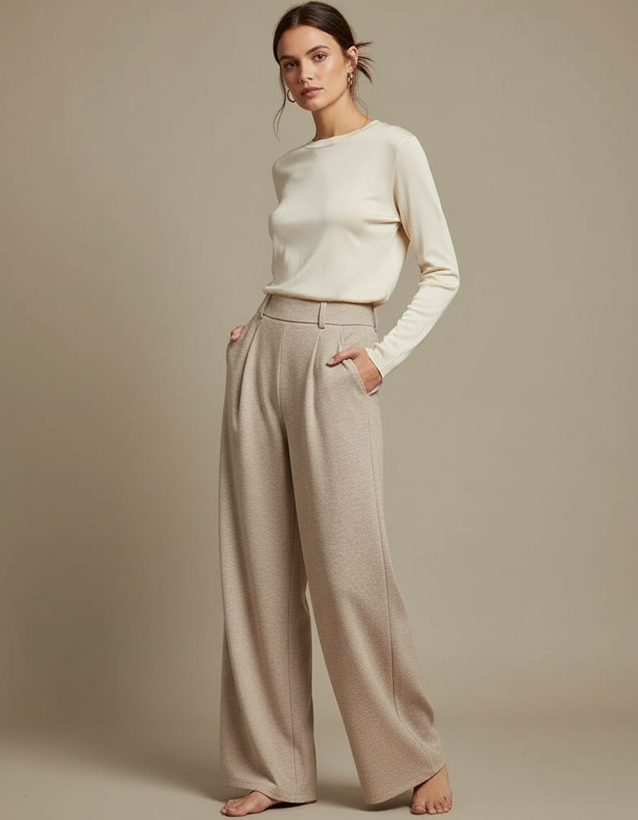 Pantalon Japonais Beige Ample Large Fluide Élégant - Molleton