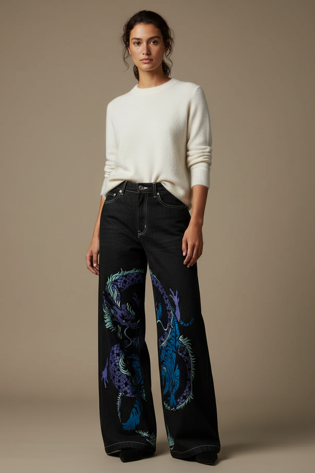 Pantalon Japonais Noir Dragon Ample Streetwear Femme - Jean