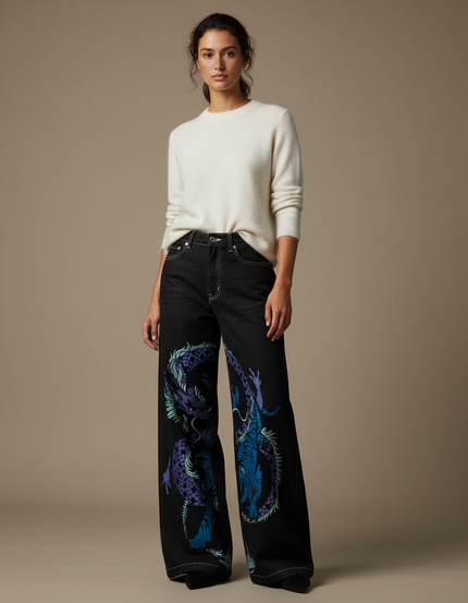 Pantalon Japonais Noir Dragon Ample Streetwear Femme - Jean