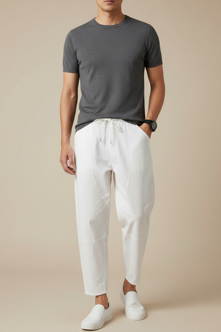 Pantalon Japonais Blanc Coton Ample Court Décontracté Homme - Lin