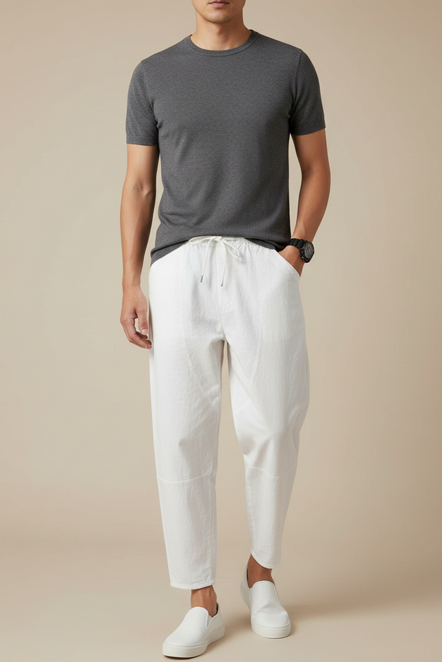 Pantalon Japonais Blanc Coton Ample Court Décontracté Homme - Lin