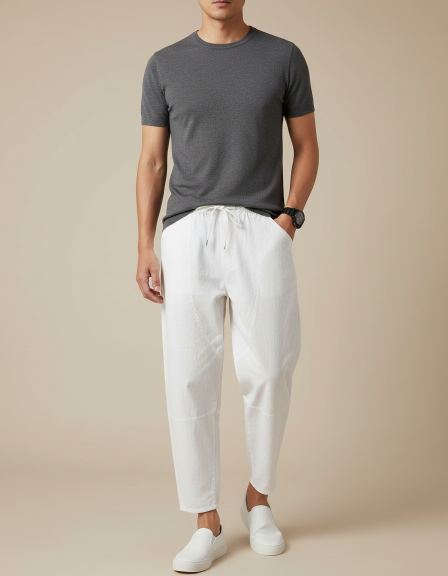 Pantalon Japonais Blanc Coton Ample Court Décontracté Homme - Lin