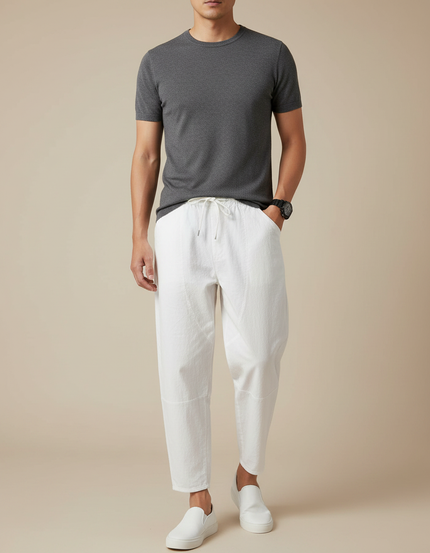Pantalon Japonais Blanc Coton Ample Court Décontracté Homme - Lin