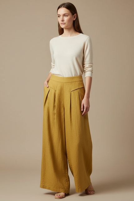 Pantalon Japonais Moutarde Lin Ample Plissé Décontracté - Jaune