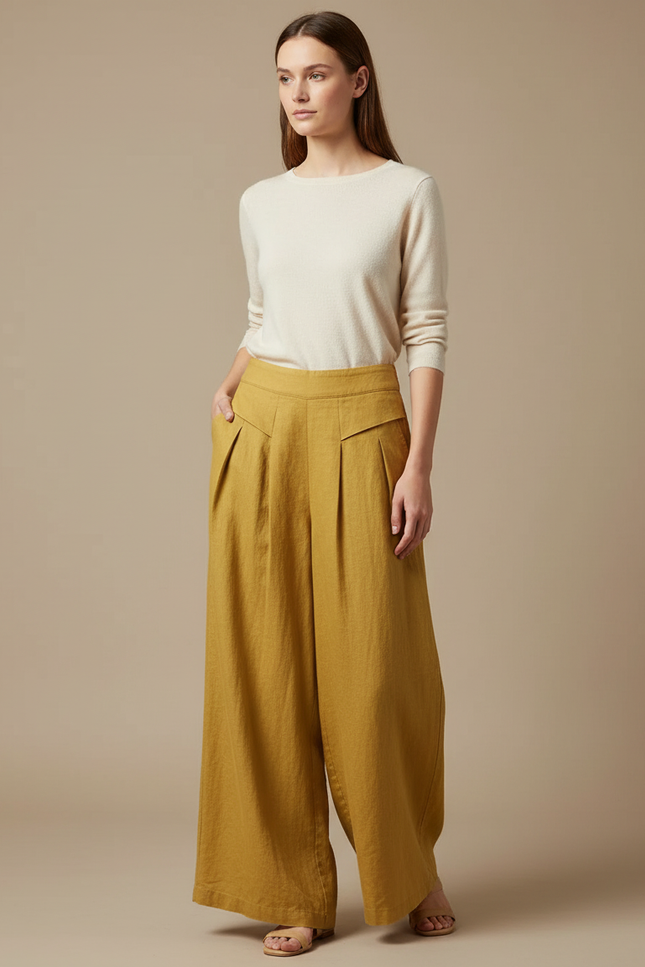 Pantalon Japonais Moutarde Lin Ample Plissé Décontracté - Jaune