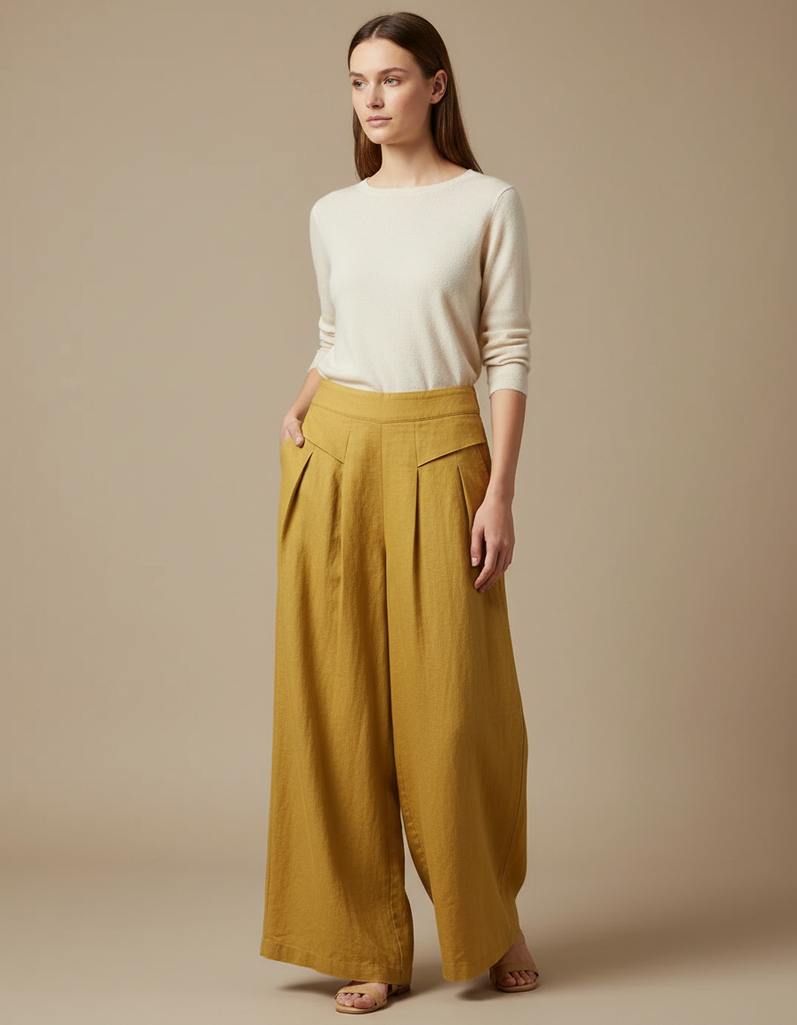 Pantalon Japonais Moutarde Lin Ample Plissé Décontracté - Jaune