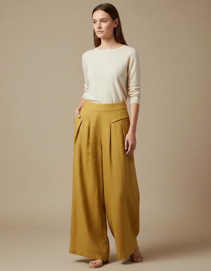 Pantalon Japonais Moutarde Lin Ample Plissé Décontracté - Jaune